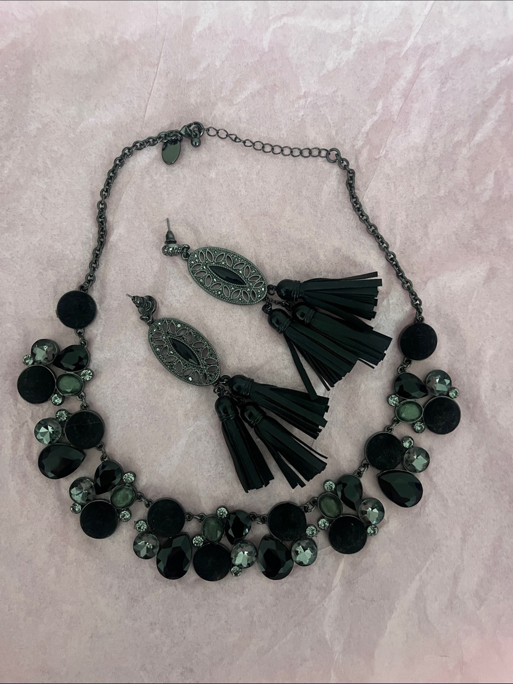 Black Statement Necklace and Tassel Earrings Set